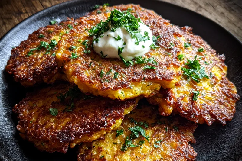 Chef frying crispy onion fritters in a pan with bubbling oil.