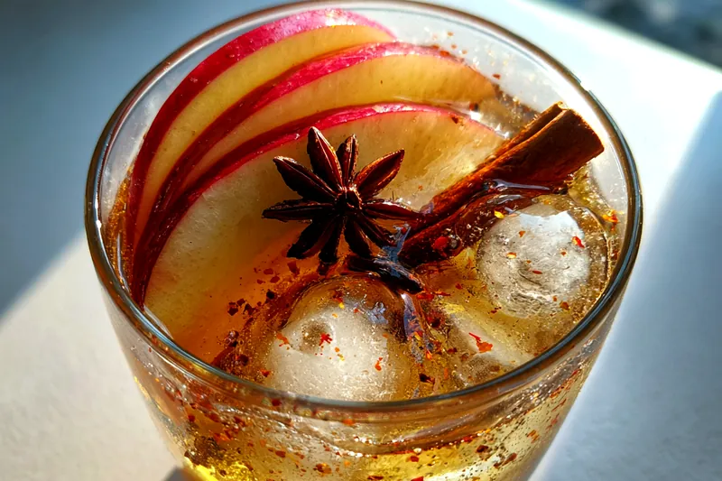 A step-by-step shot of preparing the Autumn-Inspired Bourbon Cocktail in a shaker with ice.