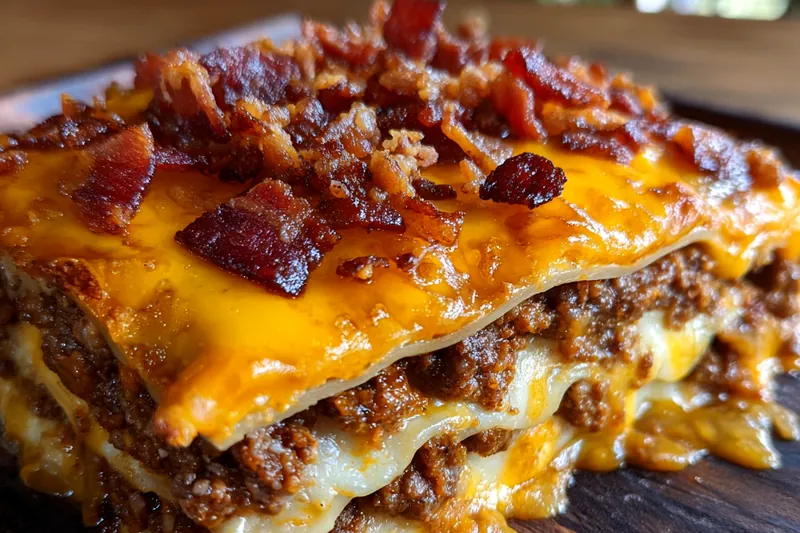 The cooking process of BBQ Bacon Cheeseburger Lasagna Delight in the oven, showcasing bubbling cheese and crispy edges.