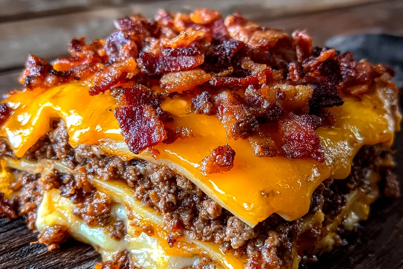 An organized setup of all ingredients needed for BBQ Bacon Cheeseburger Lasagna Delight on a wooden cutting board.
