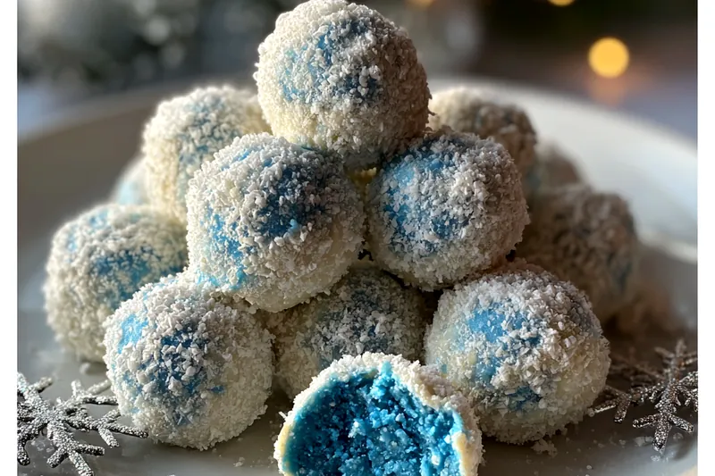 A close-up of the cooking process, showing melted white chocolate being dipped with truffles on a fork.