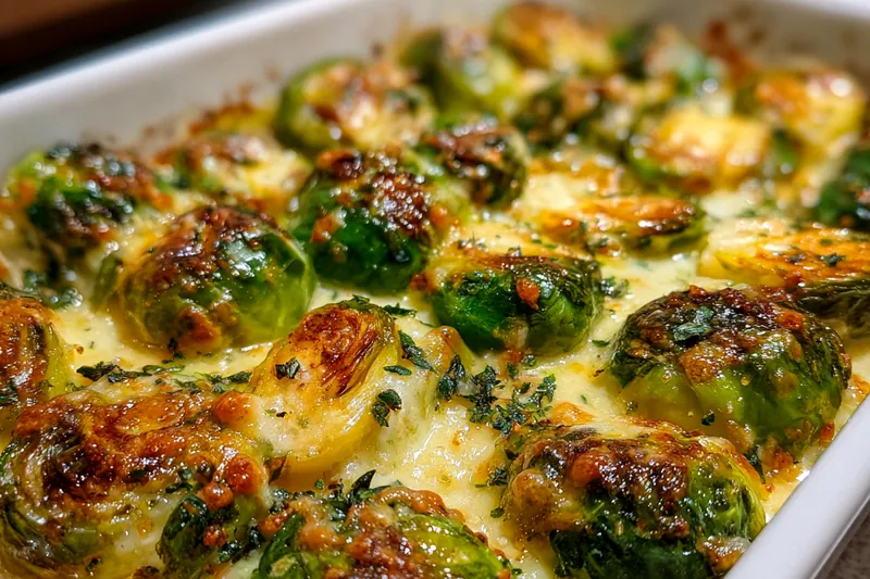 The process of baking Boursin Brussels Sprouts in the oven, showing the creamy mixture bubbling.