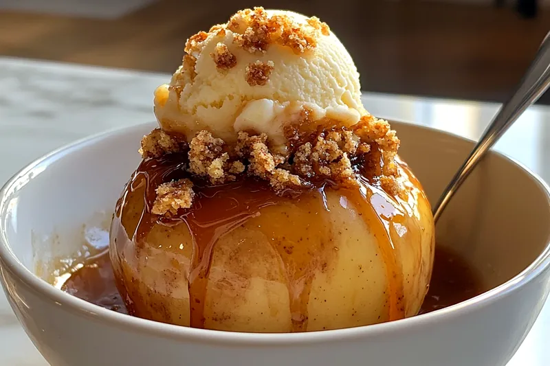 A step-by-step image showing the process of baking delicious caramel baked apples in the oven.