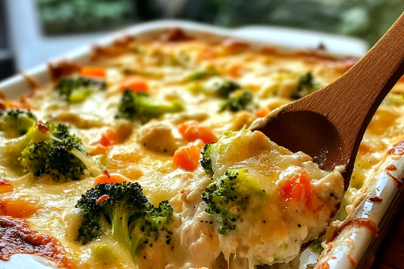 The process of sautéing chicken and broccoli in preparation for Cheesy Chicken and Broccoli Casserole.