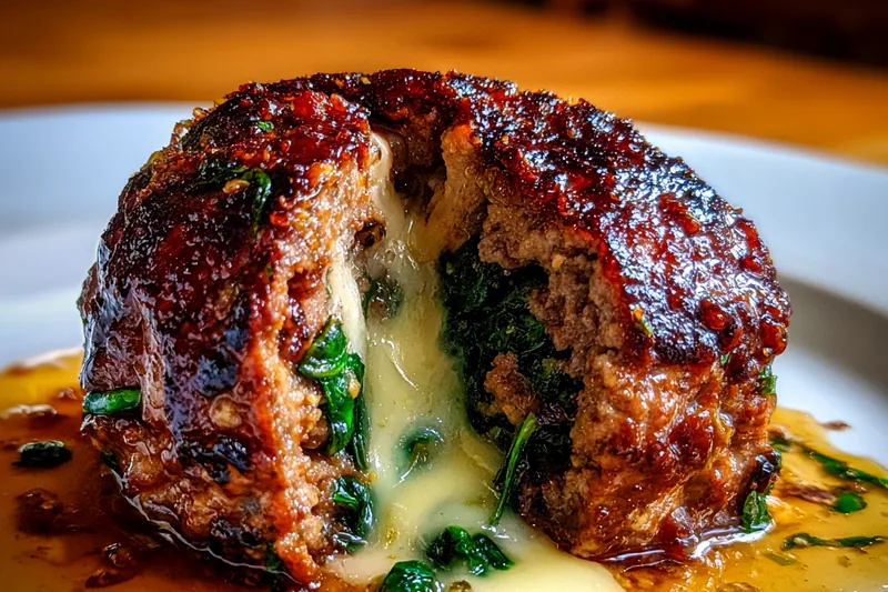 The cooking process of Cheesy Spinach Stuffed Meatballs, showcasing them baking in the oven.