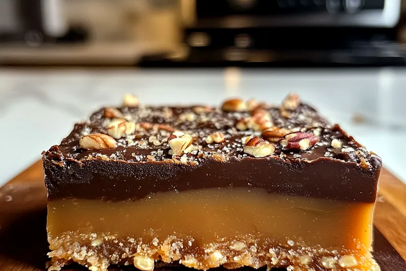 An action shot of Chef Mitchell pouring melted chocolate over the baked toffee bars.