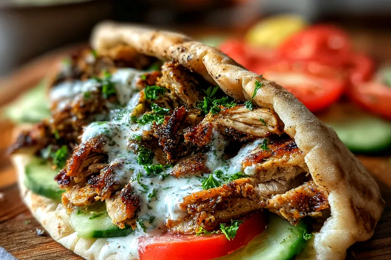 A step-by-step visual of cooking Tender Chicken Shawarma Delight in a skillet with aromatic spices and fresh ingredients.