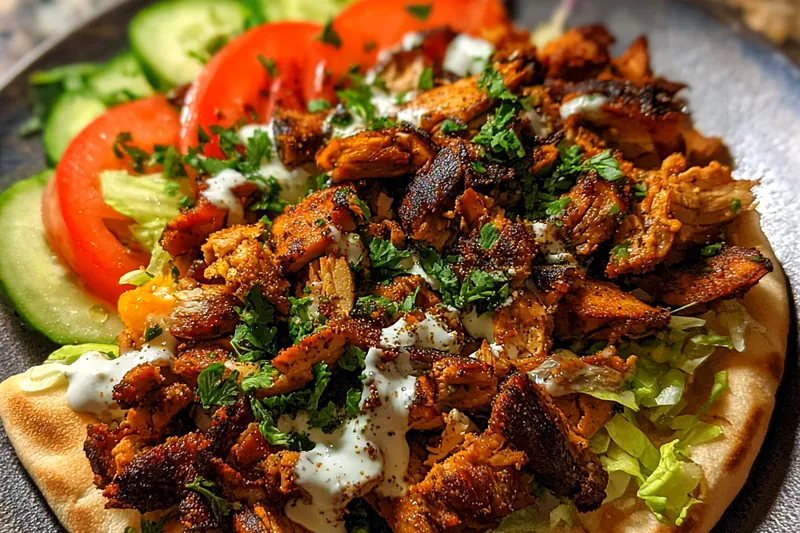 Cooking process of Flavorful Chicken Shawarma in a skillet.