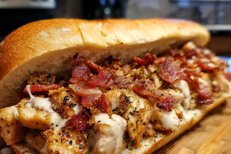 Colorful display of fresh ingredients for Chopped Chicken Bacon Ranch Sub including chicken, bacon, and veggies.