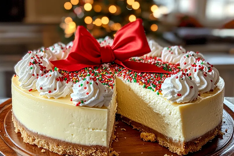 Ingredients for Festive Sugar Cookie Cheesecake laid out including flour, sugar, cream cheese, and sprinkles.