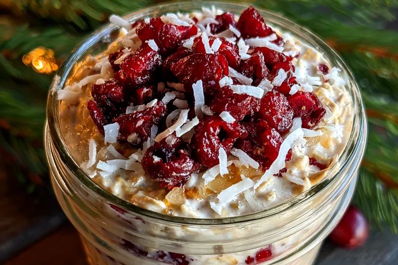 A step-by-step cooking process of Coconut Cranberry Oats Delight, showing the oats simmering in a saucepan.