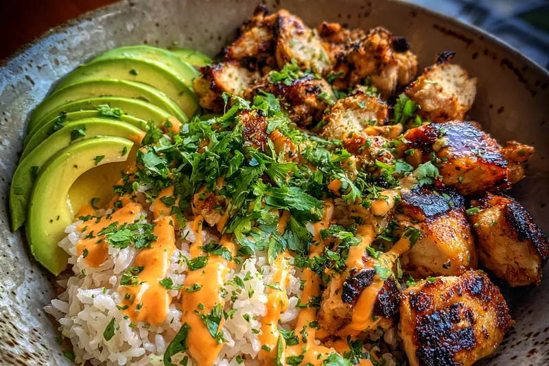 Chef grilling the marinated chicken for Coconut Grilled Chicken Bowl.