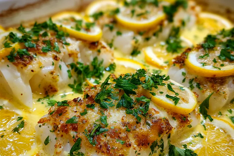 A vibrant display of fresh cod fillets, limes, garlic, and coconut milk arranged beautifully.
