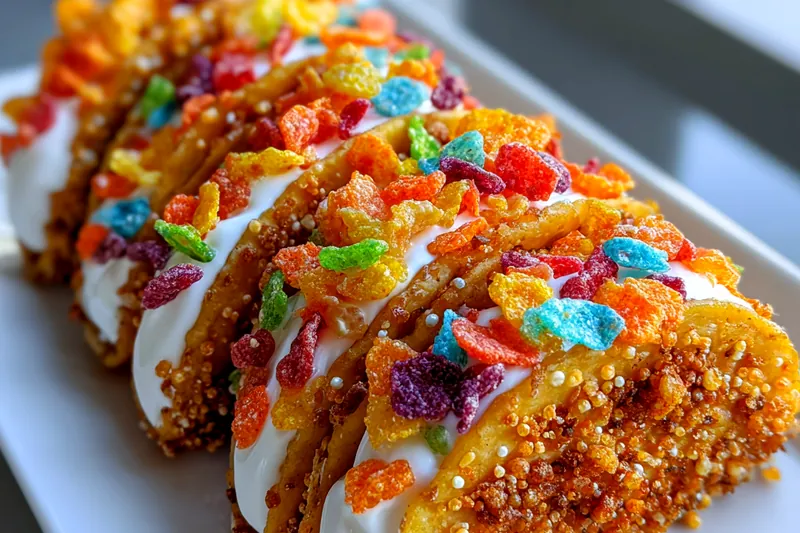 Fresh ingredients for Colorful Cereal Dessert Tacos