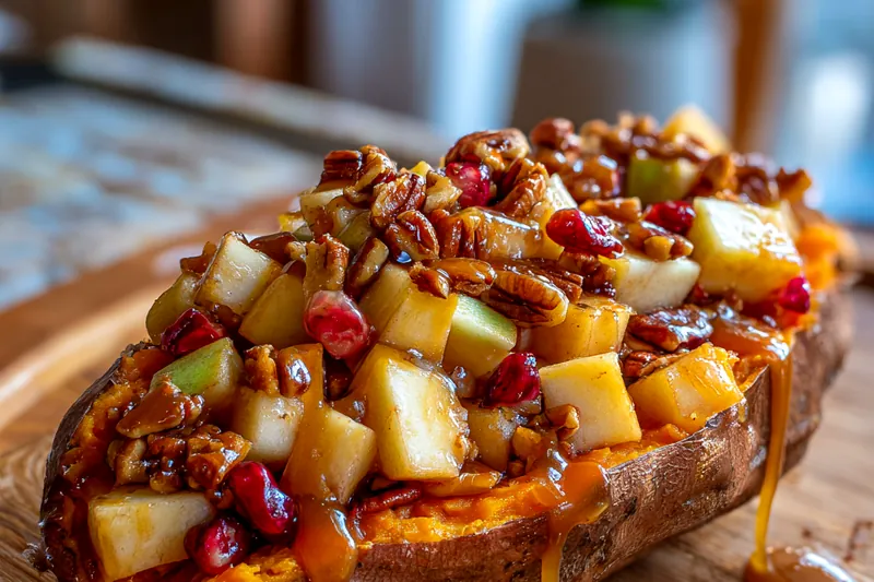A colorful display of fresh sweet potatoes, apples, walnuts, and spices ready for Cozy Apple Stuffed Sweet Potatoes.