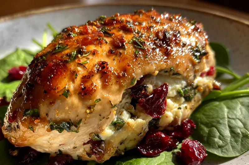 A skillet with golden-brown chicken cooking alongside wilted spinach and bubbling cranberry sauce.