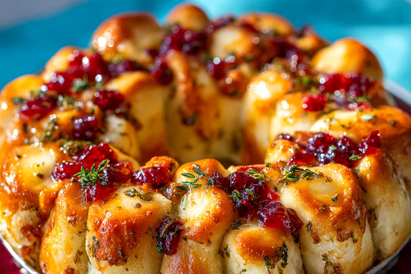 A collection of fresh ingredients for Cranberry Brie Holiday Bread, including bread, brie cheese, cranberry sauce, and walnuts.