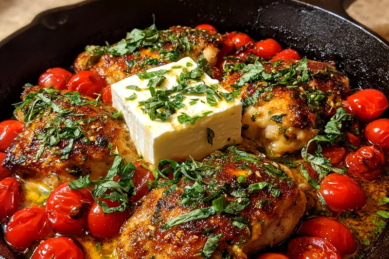 An overhead shot of Creamy Baked Feta Chicken in the oven, showcasing the bubbling feta and fresh tomatoes.