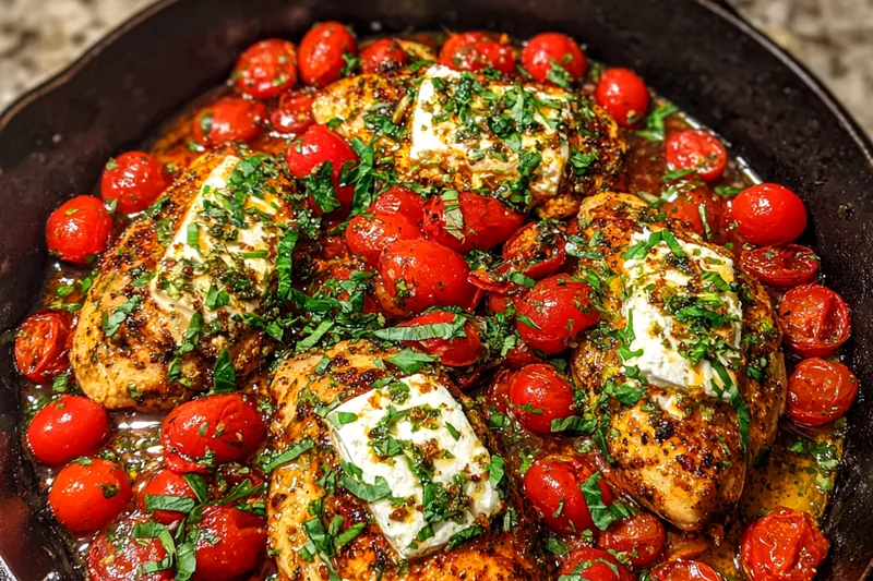 A beautifully arranged display of ingredients for Creamy Baked Feta Chicken including chicken breasts, feta cheese, and herbs.