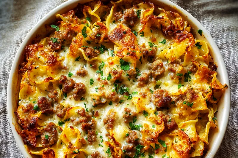 Fresh ingredients for Creamy Beef Noodle Bake