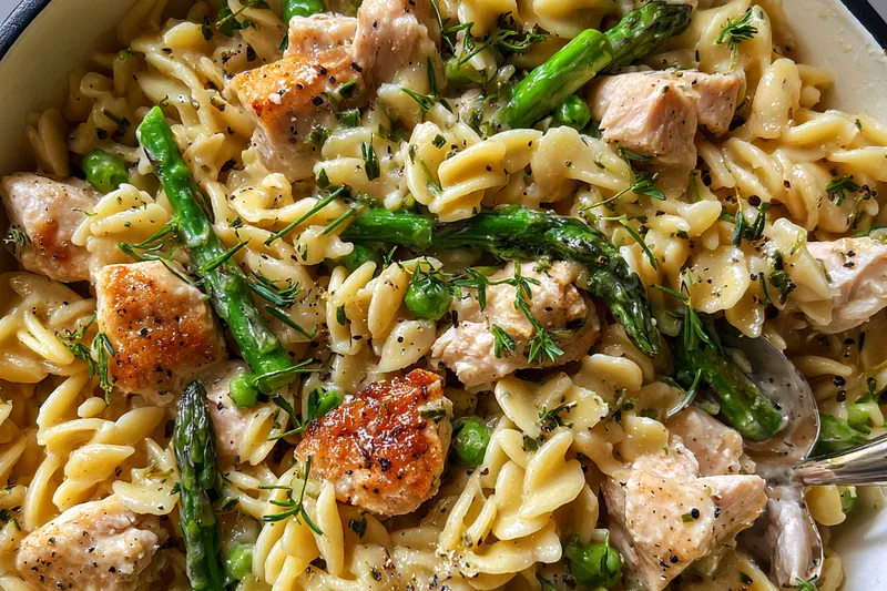 Fresh ingredients for Creamy Chicken Orzo with Asparagus and Parmesan