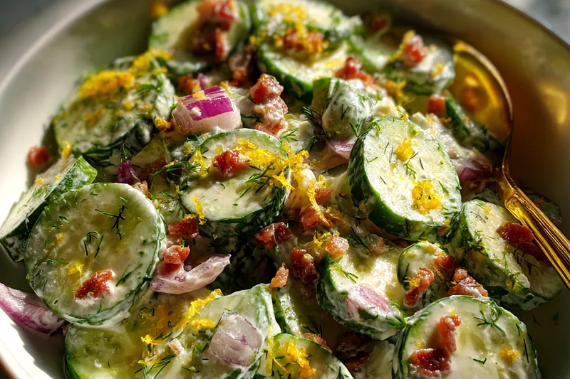 Fresh ingredients for Creamy Cucumber Bacon Salad