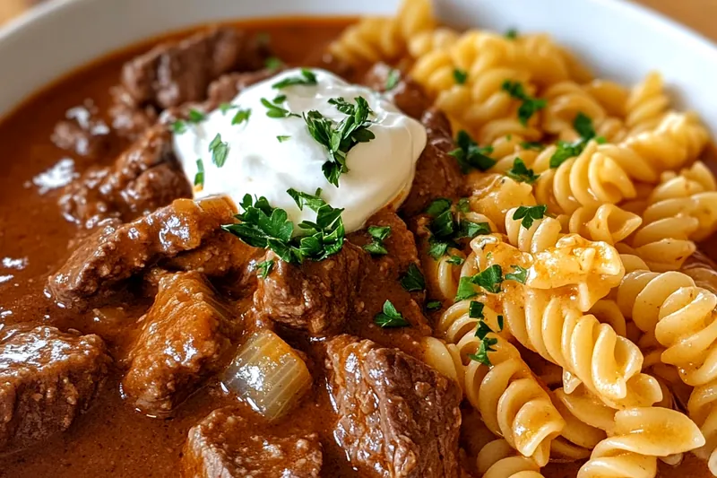 An organized layout of ingredients for Creamy German Goulash Delight, including beef, onions, and spices.