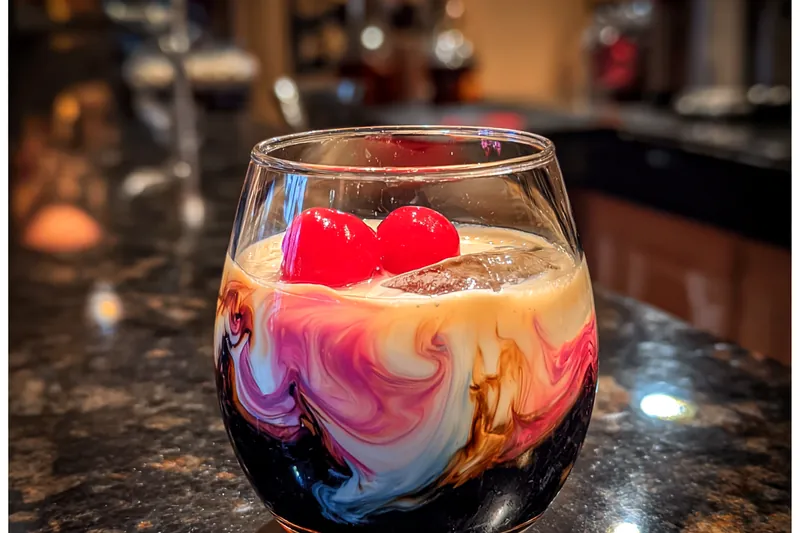 An image depicting the mixing of ingredients in a cocktail shaker for the Creamy Kahlua Delight Cocktail.