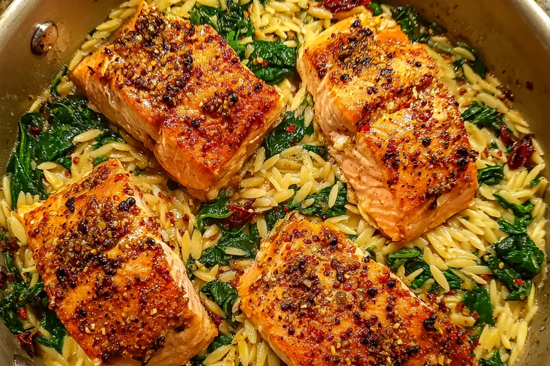 Fresh ingredients for Creamy Lemon Salmon Orzo with Fresh Spinach