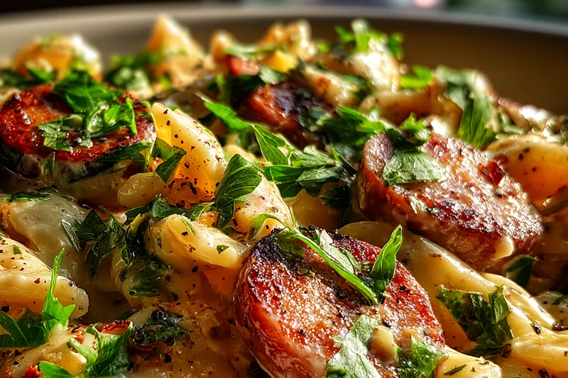 Cooking process for Creamy Sausage Pasta Delight