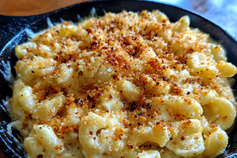 Ingredients for creamy mac and cheese laid out on a kitchen counter.