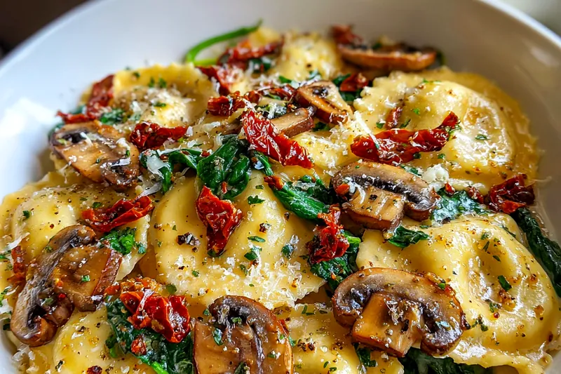 Chef Mitchell stirring the creamy sauce for Tuscan Ravioli Delight over a stove.