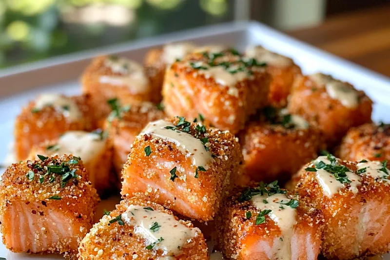 Chef Mitchell frying Crispy Bang Bang Salmon Bites in a skillet, showcasing the golden-brown color.