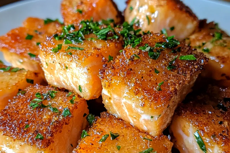 An organized display of ingredients for Crispy Bang Bang Salmon Bites, including salmon, breadcrumbs, and spices.