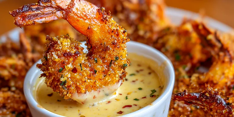 A beautifully plated dish of Crispy Cajun Shrimp Delight, garnished with parsley and served with a dipping sauce.