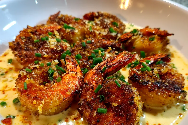 Chef Mitchell monitoring the frying process, ensuring the shrimp turn golden brown and crispy.