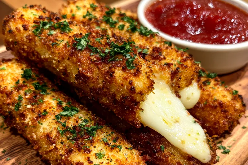 Frying mozzarella cheese sticks in hot oil until golden brown.