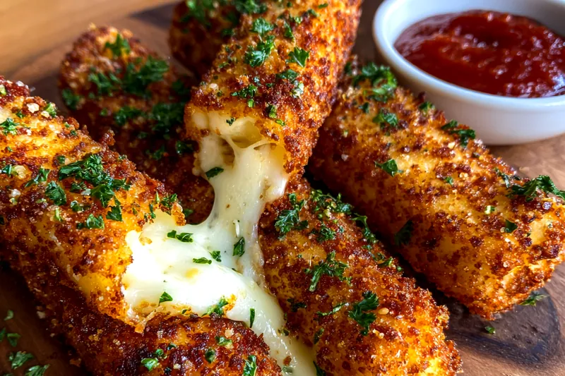 Ingredients for crispy mozzarella cheese sticks laid out on a wooden table.