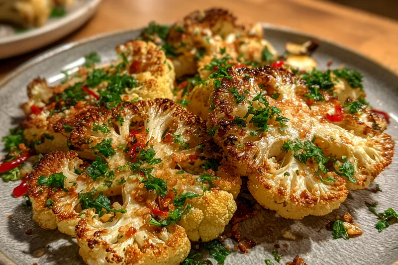 A close-up of crispy oven-roasted cauliflower steaks freshly out of the oven, showcasing the golden-brown crust and melted cheese.
