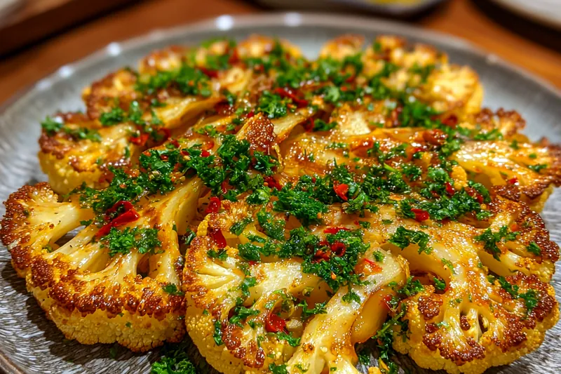 An array of fresh ingredients for making crispy oven-roasted cauliflower steaks, including cauliflower, spices, and cheese.