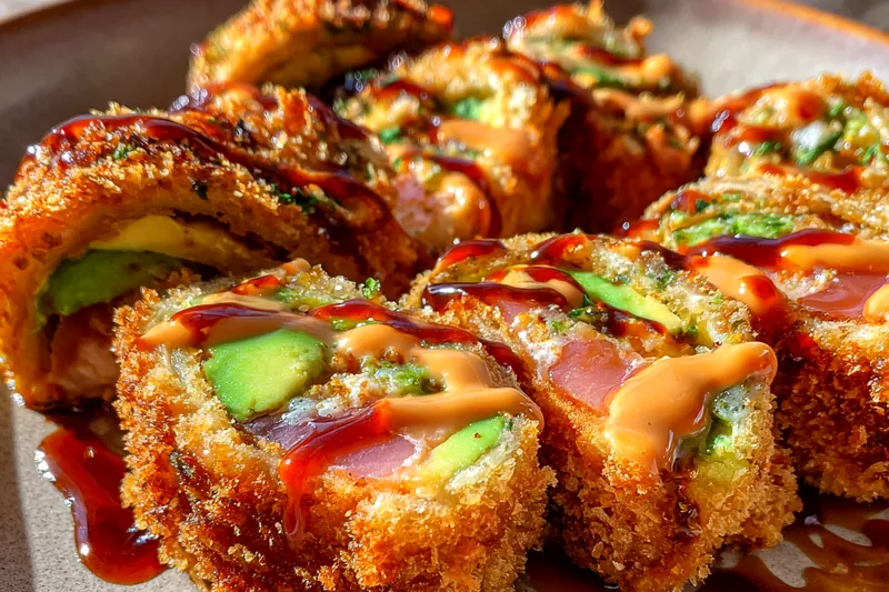 Fresh ingredients for Crispy Salmon Avocado Rolls