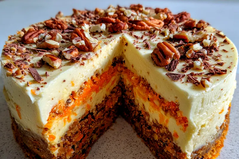 The cooking process of Decadent Carrot Cheesecake Delight, showing the cheesecake baking in the oven.