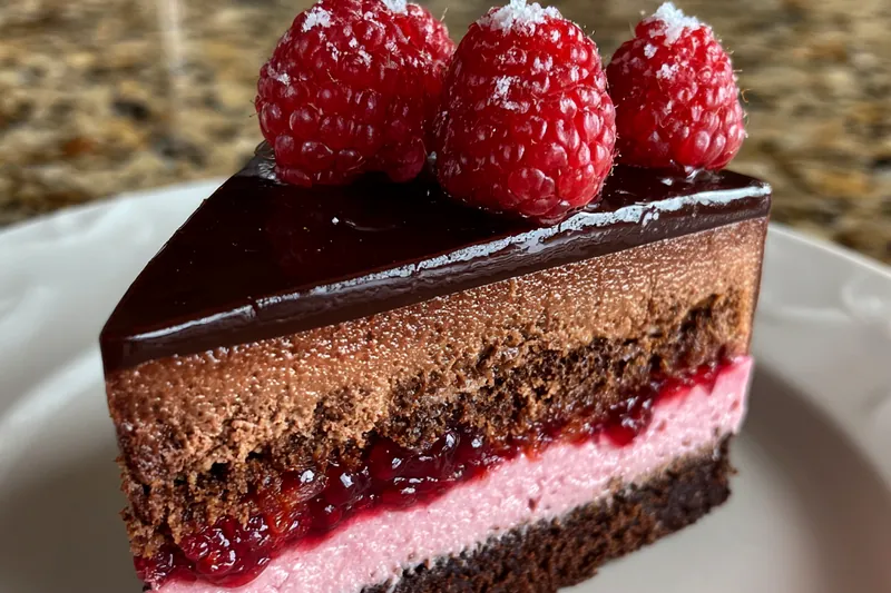 Chef Mitchell stirring melted chocolate in a bowl over simmering water while preparing Decadent Chocolate Raspberry Delight.