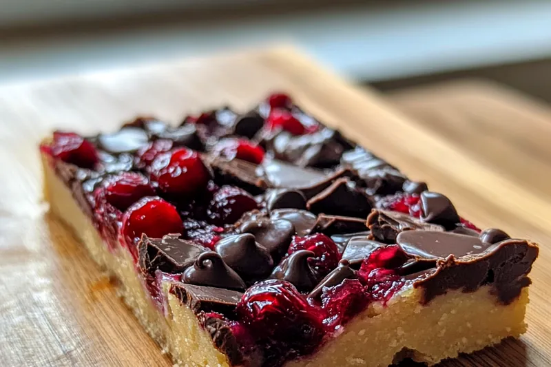 All the ingredients laid out for Decadent Dark Chocolate Cranberry Bars including cocoa powder, flour, and cranberries.