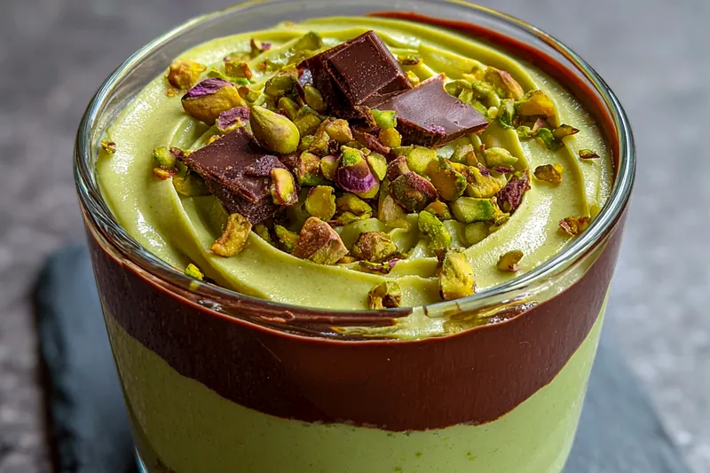 Fresh ingredients for Decadent Pistachio Chocolate Delight, including dark chocolate, heavy cream, and pistachios, arranged beautifully on a wooden board.
