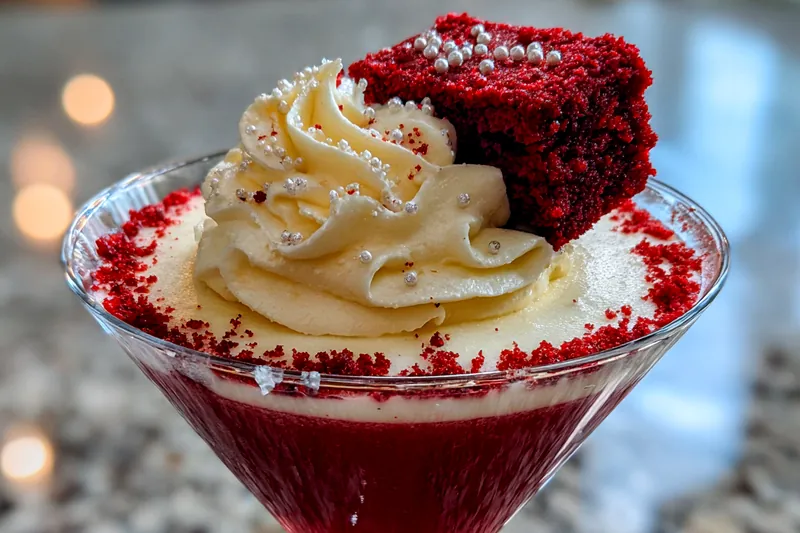 A chef expertly shaking the ingredients of the Decadent Red Velvet Martini in a cocktail shaker.