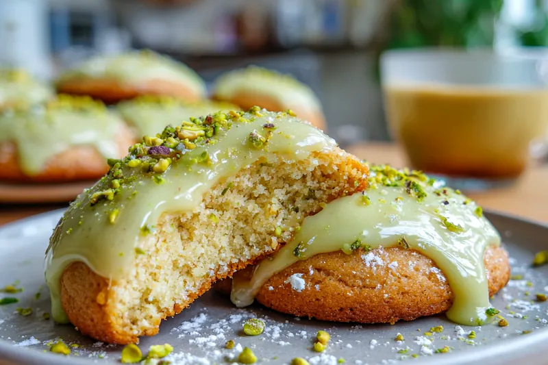 An arrangement of ingredients for Delicious Soft Pistachio Cookies, including pistachios, butter, flour, and sugar.