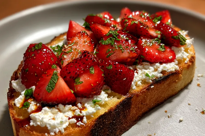 An array of fresh ingredients for Delicious Strawberry Ricotta Toast, including strawberries, ricotta cheese, and whole grain bread.