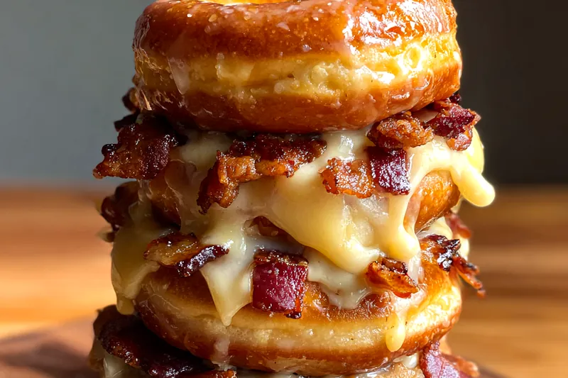 Fresh ingredients for Decadent Donut Cheese Stack including donuts, cheeses, and toppings.