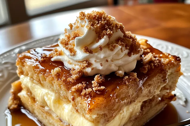 A step-by-step cooking process showing the preparation of Festive Eggnog Casserole Delight in a baking dish.